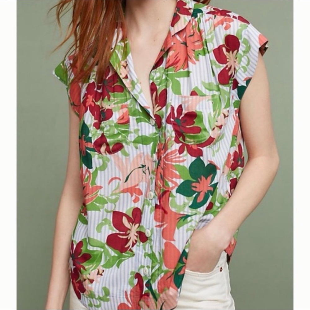 Anthropologie Maeve Raffina Short Sleeve Floral Tropical Striped Blouse